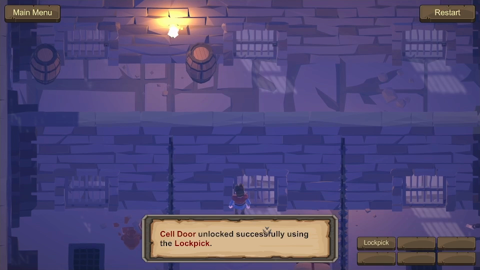 The cell door, unlocked with the lockpick from the bedroll